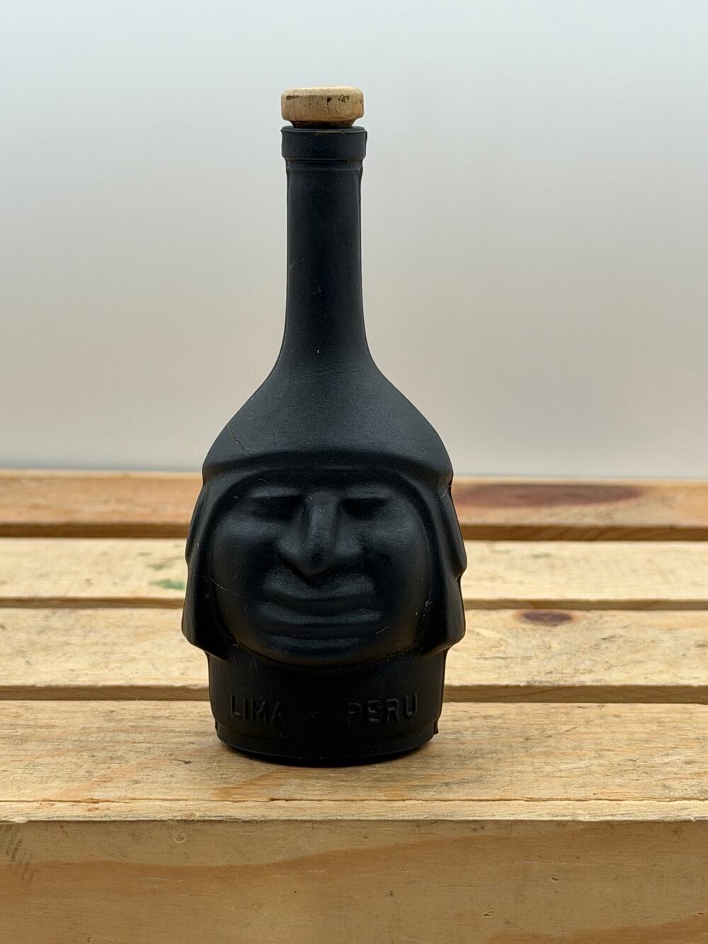 Vintage Matte Black Figural Bottle - Lima, Peru - Collectible Glass Decor